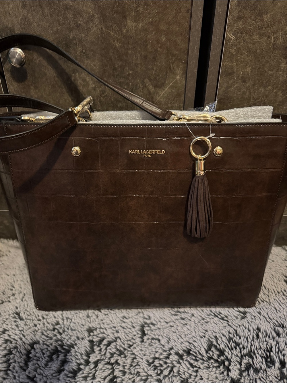 Karl Lagerfeld Dark Brown Croc-Embossed Tote with Tassel With Gold Hardware